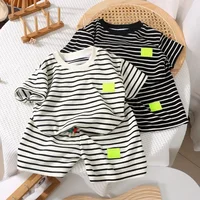 2Pcs Fashion Children Short Sleeve Shorts Sets Summer Kids Clothes Boys Baby Cotton Tee Pant Outfits Black and White Stripe 1