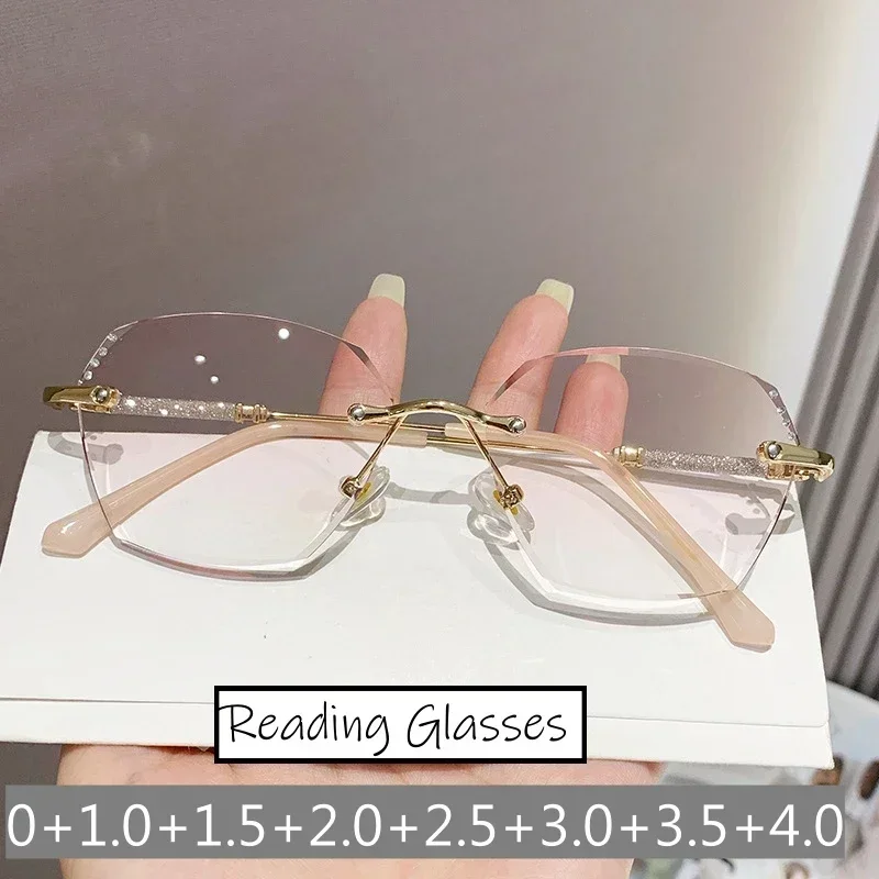 Women's Trendy Diamond Cut Reading Glasses Blue Light Blocking Gradient Far Sight Eyeglasses Unisex Female Retro Rimless Eyewear