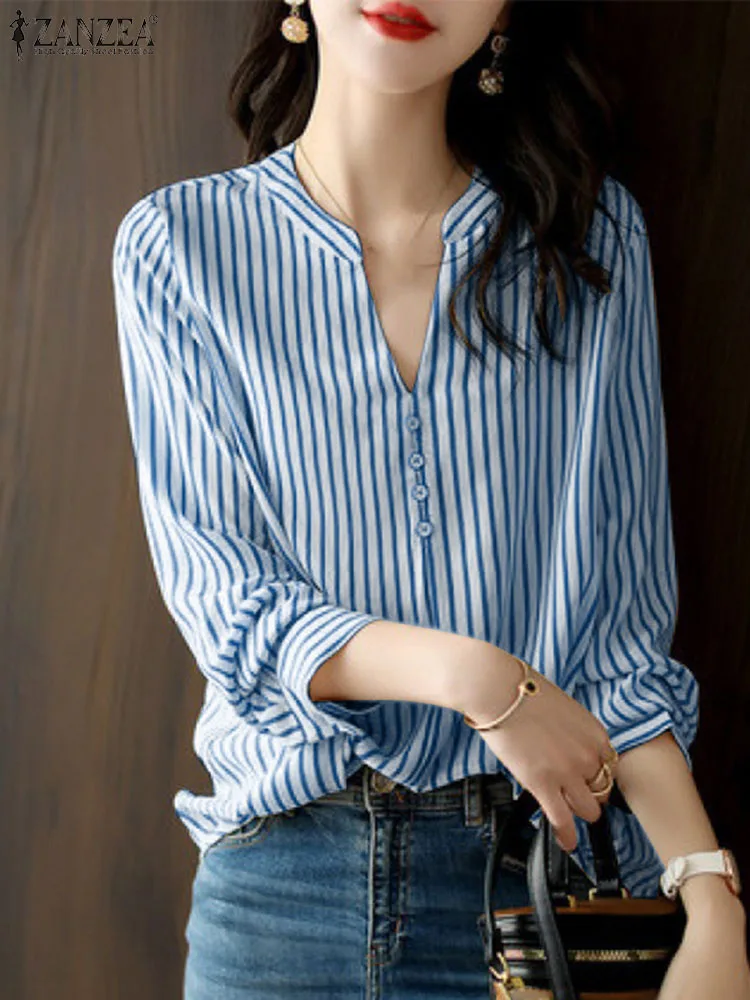 

ZANZEA Women Striped Blusas Office Fashion Elegant Work Blouse Female Long Sleeeve Casual 2024 Spring Tops V Neck Stylish Shirt