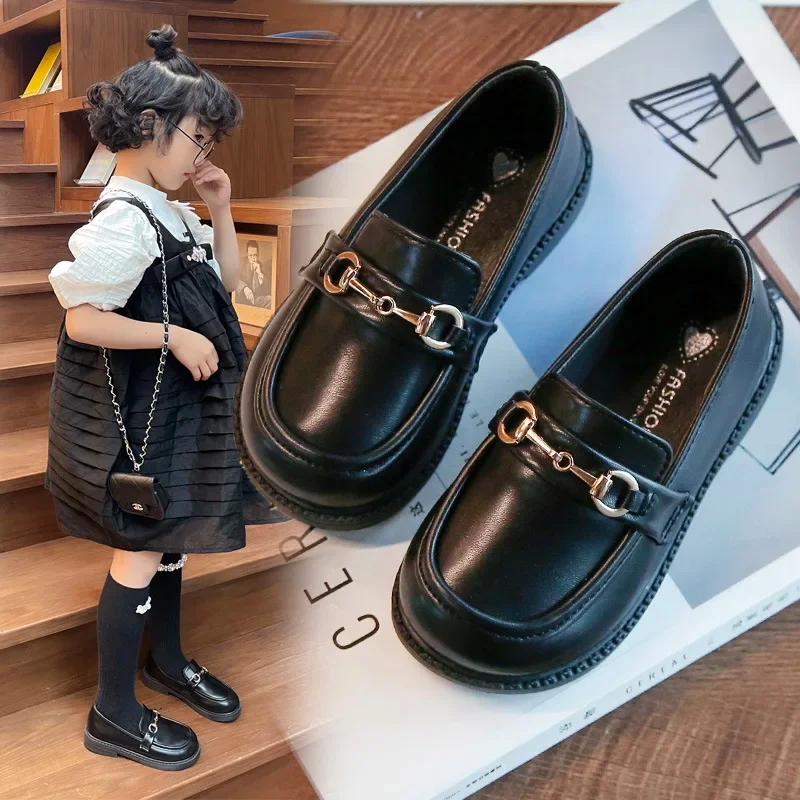 2024 Spring New Girls British Boys Leather Shoes Children Soft Mary Janes Metal Kids Fashion Casual Solid Black Slip-on Loafers 4
