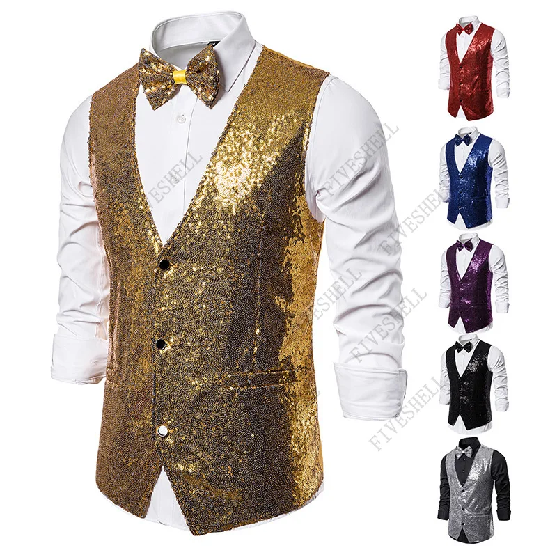 

Blue Sequins Nightclub DJ Singers Vest Men Slim Fit Sleeveless Vest Waistcoat Men Party Stage Perform Gilet Costume Homme XXL