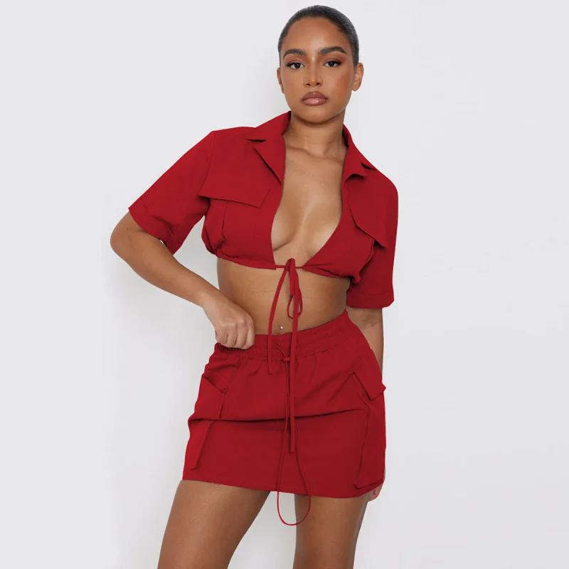 

KEXU Summer Fashion Safari Style Women Two Piece Outfits Short Sleeve Shirt and Pocket Side Mini Skirt Suit 2023 Sexy Dress Set