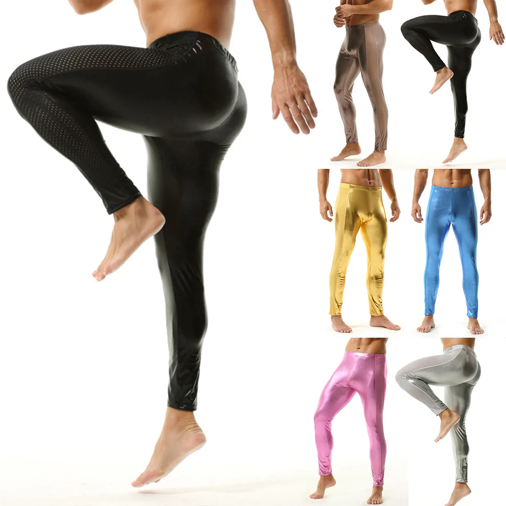 Mens Underwear Shiny Sweatpants Trousers Mesh Breathable Slim Fit Stretch Leggings Erotic Bodysuit Men Leggins Sexy Long Johns