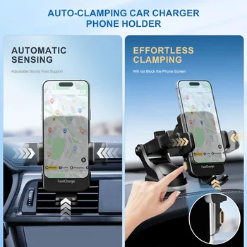 Wireless Car Charger Phone Holder 15W Fast Charge Station Mount Phone For IPhone 16 15 14 13 12 Pro Max 11 XR XS Samsung Galaxy 6