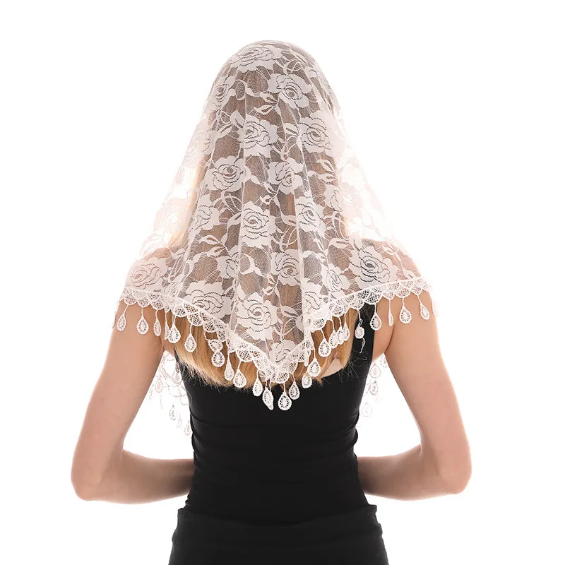 

Women Triangle Scarf for Church Prayer Shawl Embroidered Lace Veil Floral Tassel Scarf Women Luxury Pendant Scarve Women Bandana