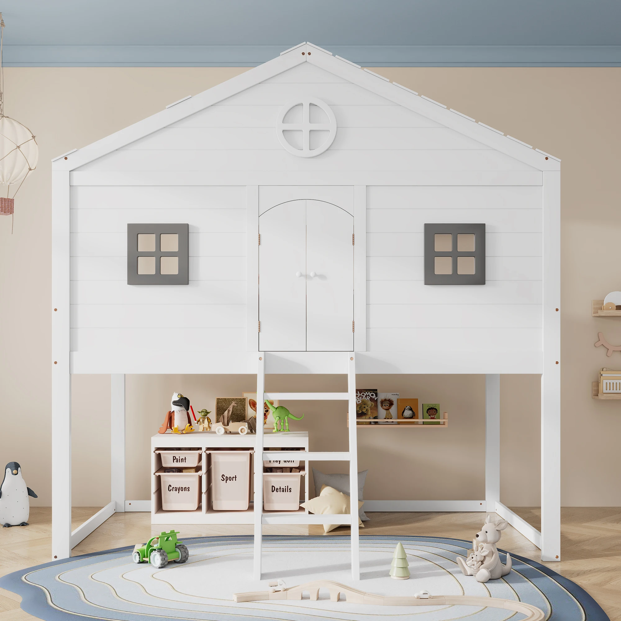 Hausbett mit Treppe, Absturzsicherung und Geländer, zwei graue Fenster, Kinderbett mit Fenster, frei gestaltbare Unterbettfläche – Detail 8