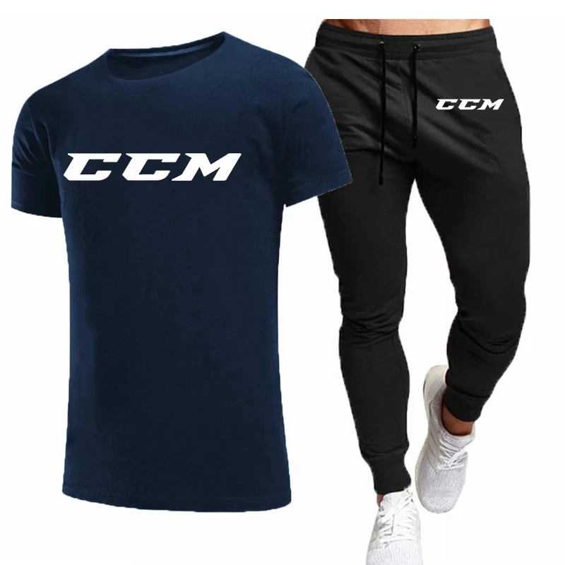 2024 new men's sports suit Summer men's fitness suit short sleeve T-shirt + pants suit cotton brand men's wear