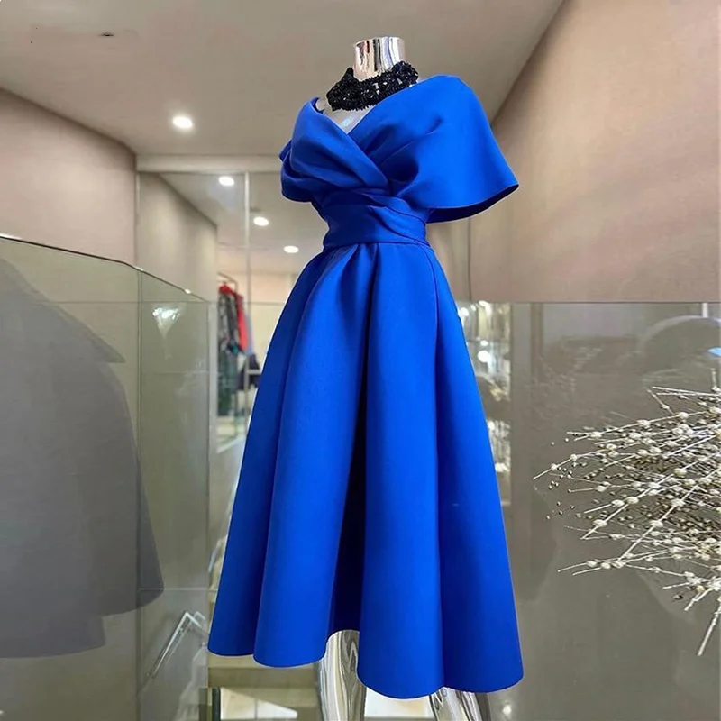 

Royal Blue A-Line Short Sleeves Prom Dresses Stain V-Neck Pleat Tea Length Evening Dresses Robes De Soirée Party Dresses 2023