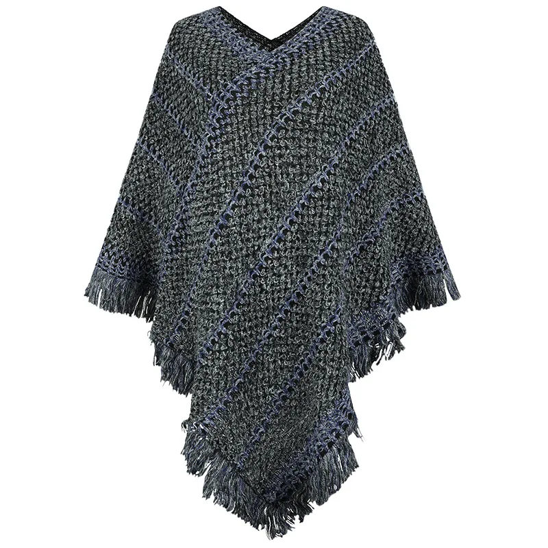 

Autumn Winter New Style Color Contrast Striped National Style Tassel Pullover Cloak Poncho Lady Capes Gray Cloaks