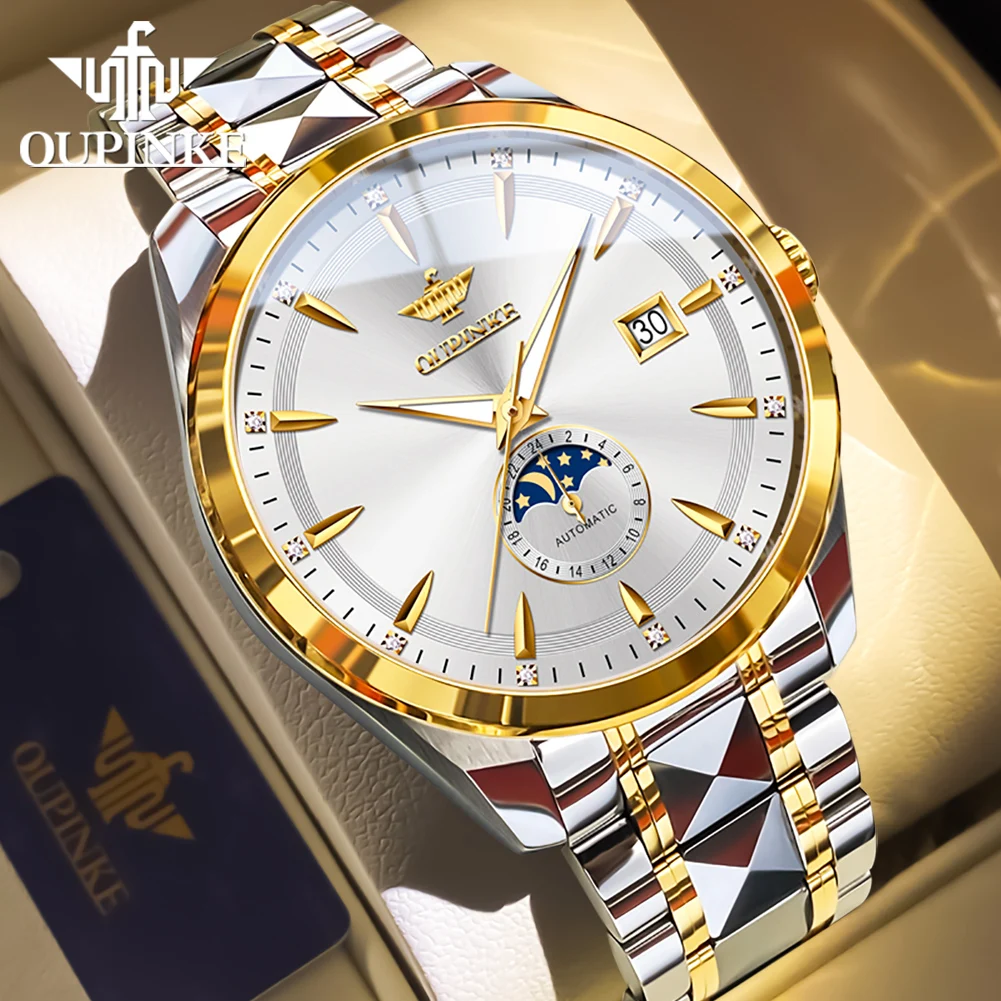 OUPINKE 3292 Moon Phase Luxury Original Men's Watches Fully Automatic Mechanical Watch 50m Waterproof Sapphire Top Watch for Man
