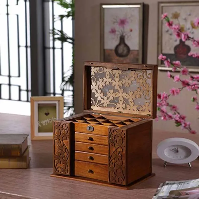 Chinese Wooden Jewelry Box Storage Boxs Retro Wood Clover Cosmetic Boxes with Lock Special Offer Organization Case 34*23*25cm