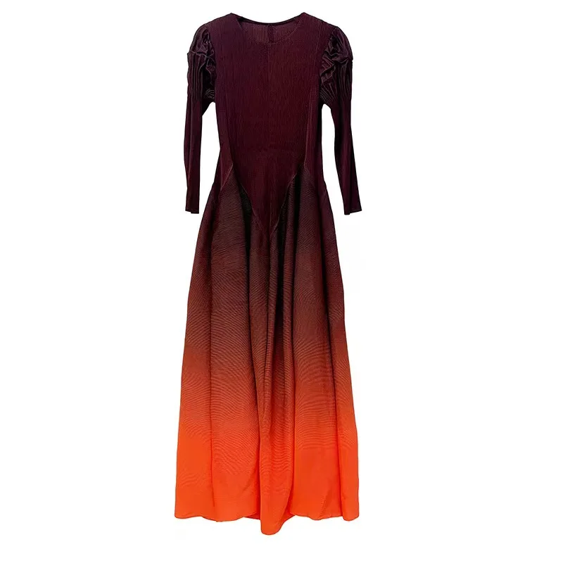 

ALSEY Miyake Pleated Retro Gradient Fashion Dress 2024 Autumn New Round Collar Spliced Ruffles Evening Party Female Clothing