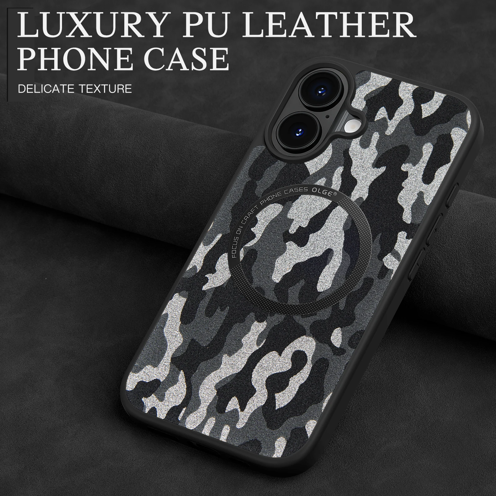 Camouflage Sheepskin Leather Magnetic Phone Case with MagSafe Compatibility