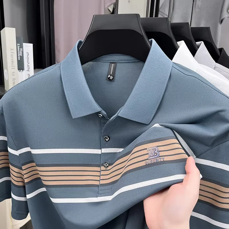High end trend brand pure cotton polo shirt classic striped summer comfortable short sleeve men's T-shirt letter embossed top 9