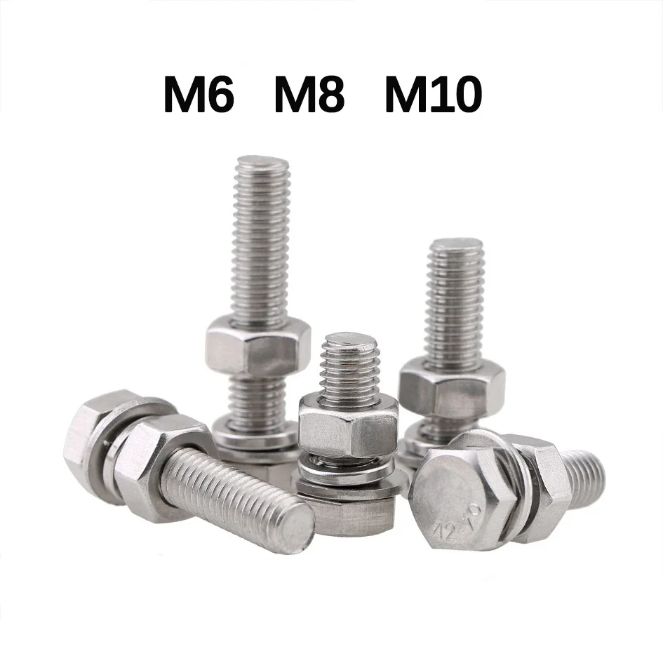 

304 Stainless Steel Outer Hexagonal Bolt, Screw and Nut Set, Large Fully Extended Screw M6 M8 M10
