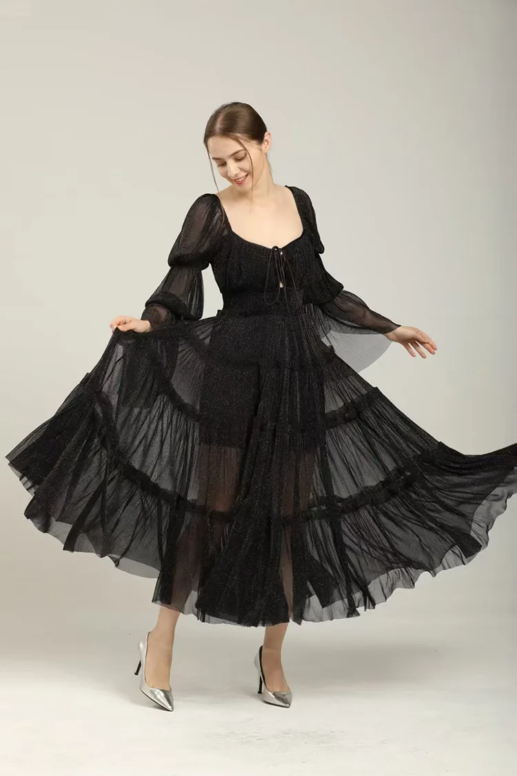 

Summer Europe America New Dress Square Neck Temperament Tufted Chiffon Long Dress Fashion Flare Sleeves Big Swing Fairy Dress
