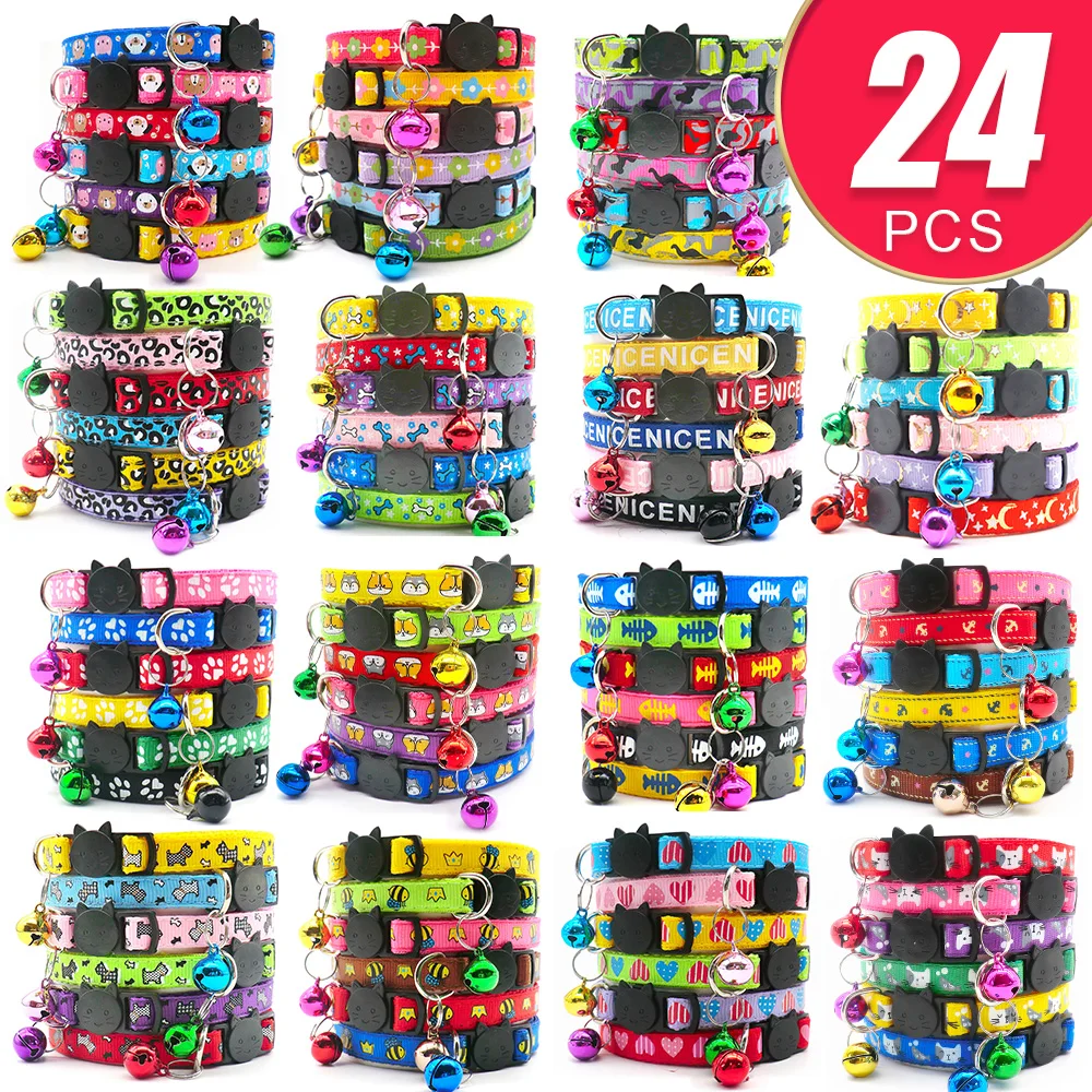 

24Pcs Adjustable Nylon Dog Collars Pet Collars with Bells Safe Charm Necklace for Little Anmial Supplies Puppy Acessorios