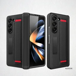 Premium Hinge Case with Wristband and Stand for Samsung Galaxy Z Fold - Front Glass Protection Included (Red Black)