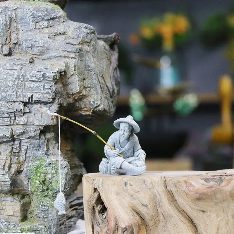 Fish tank ornaments 1pc Fish Tank Garden Sitting Fishing Sandstone Vintage Ornament Aquarium Mini Fisherman Statue Asian Zen Room Decoration
