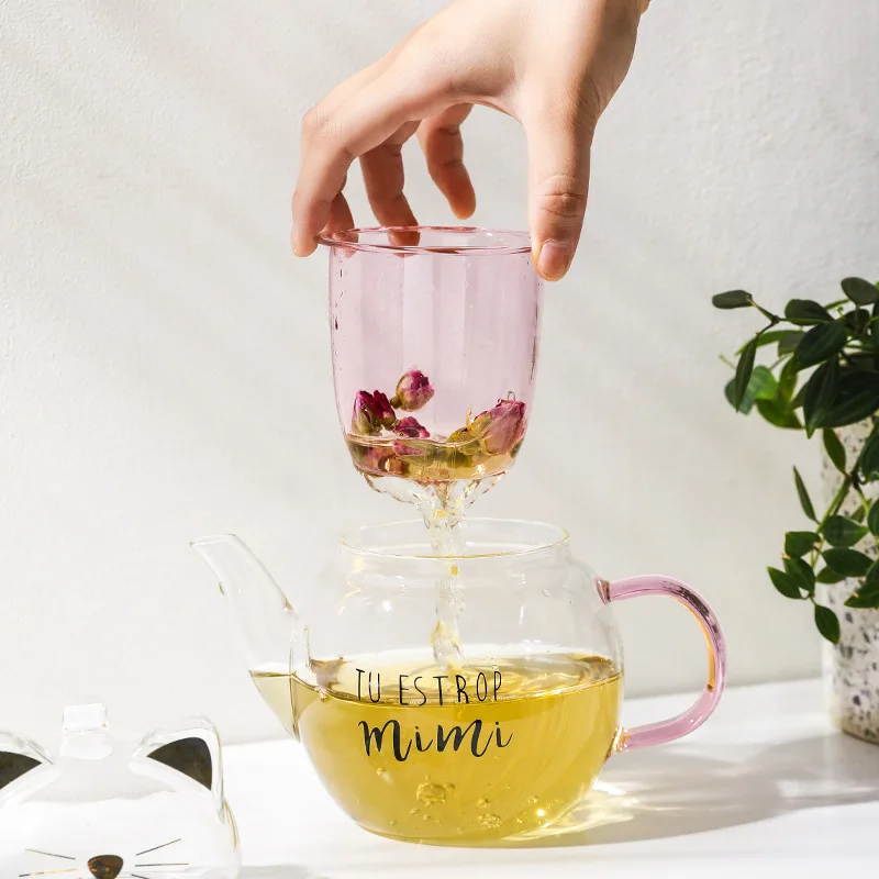 High Borosilicate Glass Cute Cat Teapot Set 650ml Tea Pot With Tea Infuser 260ml Double Wall Glass Cup Teawear Stes