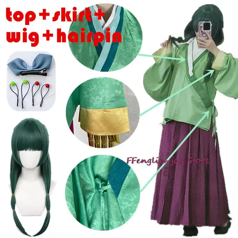 

Anime The Apothecary Diaries Maomao Cosplay Costume Wig Dress Skirt Green Top Kusuriya No Hitorigoto Hairpin Halloween for Women