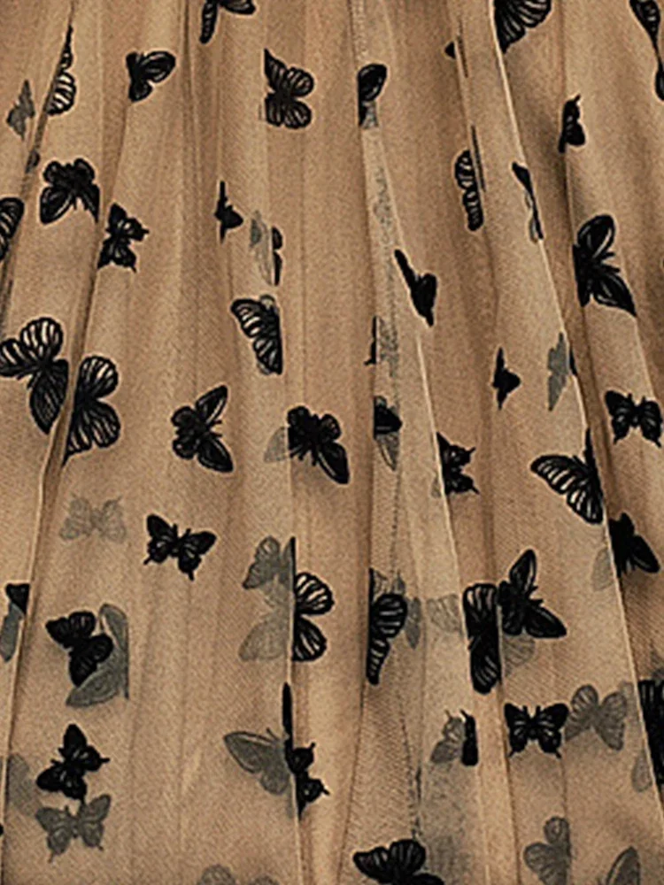 Butterfly Flocking Tulle Long Skirt Women Aesthetic Casual A Line Elastic High Waist Midi Mesh Skirt Female Black 6