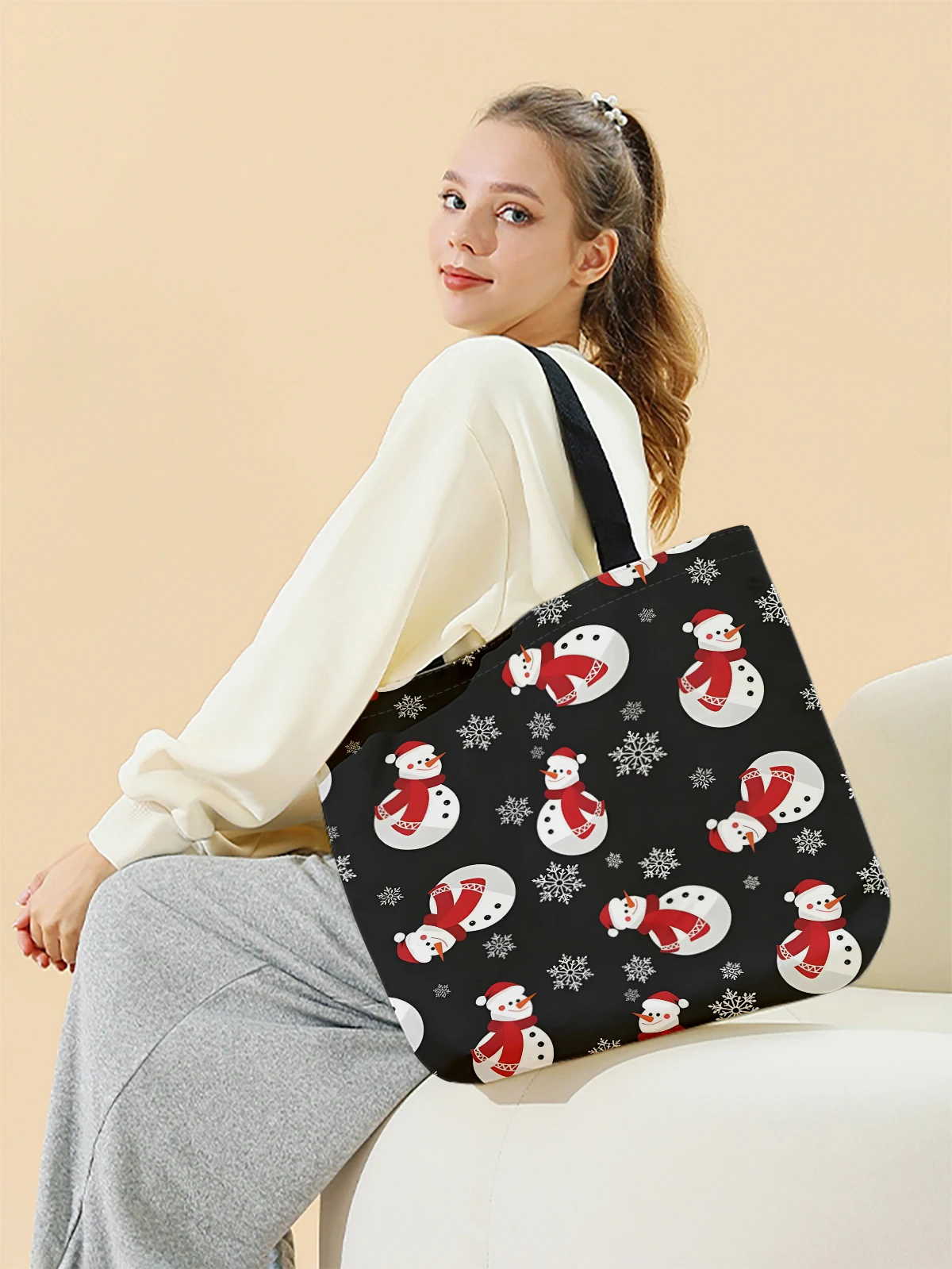 Christmas themed printed casual handbag, reusable fashionable backpack, multifunctional handbag, canvas shopping bag