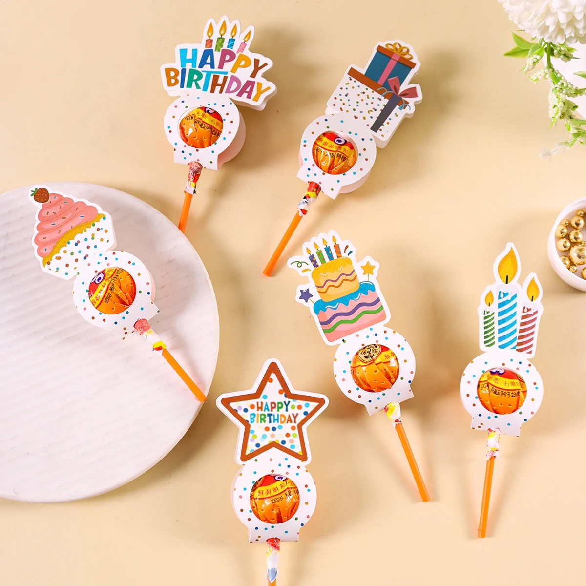 24 Stück Geburtstags-Lollipop-Papierhalter, gemischte Süßigkeiten-Dekorationskarten für Happy Birthday Party, Süßigkeiten-Verpackungszubehör – Detail 1