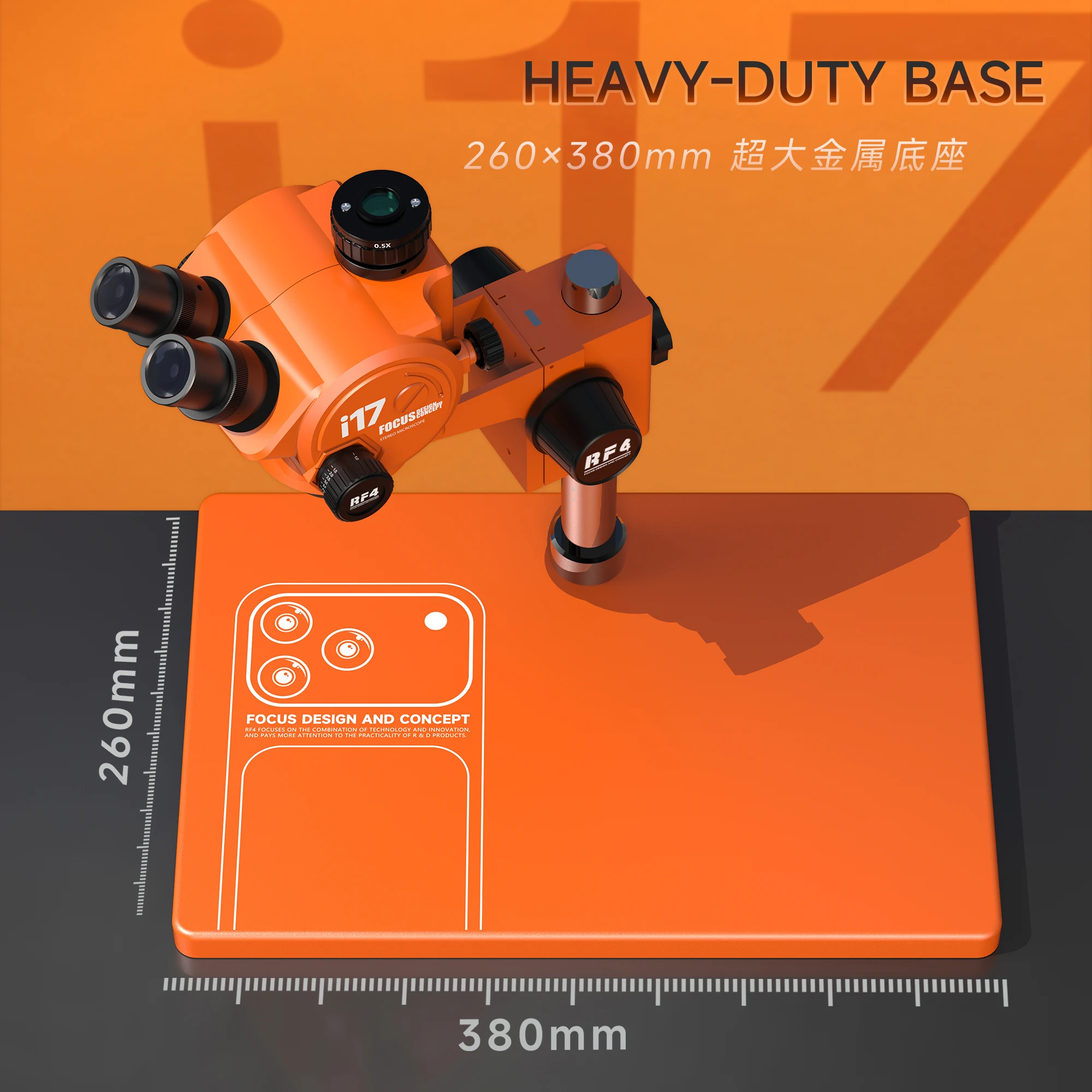 RF4 i17 오렌지 에디션 삼안 실체 현미경, 7X-50X 줌 대형 베이스 HD 광학 확대경, 전문 검사 도구