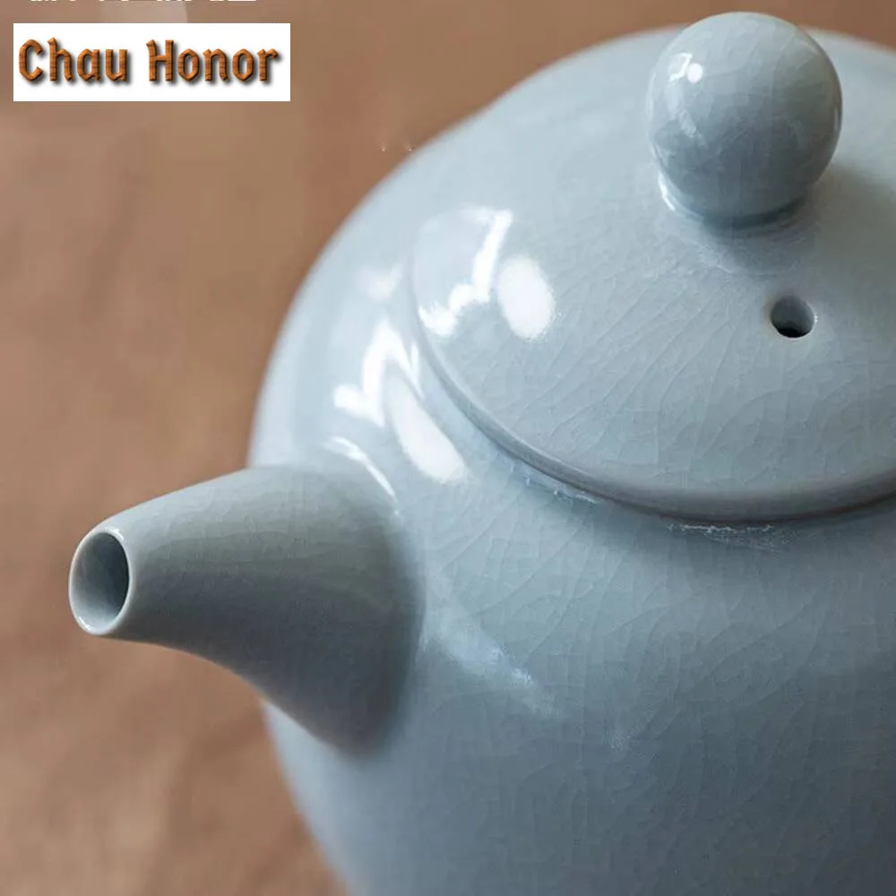 300ml Azure Ru Kiln Porcelain Teapot Antique Xishi Lifting Beam Pot Tea Brewing Kettle with Filter Tea Item Accessories Ornament