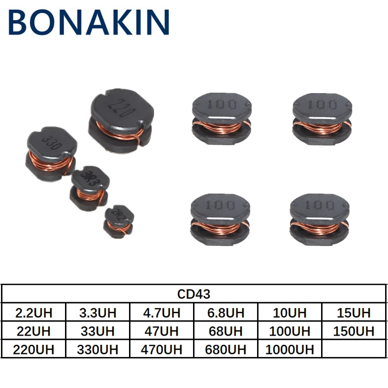 20Pcs SMD Inductor CD43 Power Inductance 2.2UH 3.3UH 4.7UH 6.8UH 10UH 15UH 22UH 33UH 47UH 68UH 100UH 150UH 220UH 330UH 470UH 13values 10pcs cd43 smd power inductor assortment kit 2 2uh 470uh chip inductors cd43 wire wound chip