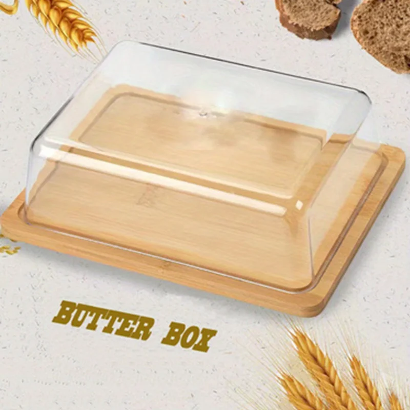 Bamboo Butter Dish Rectangular Cheese Storage Tray Plate Food Container Glass Acrylic Lid Keeper Tool Kitchen Tableware butter storage box