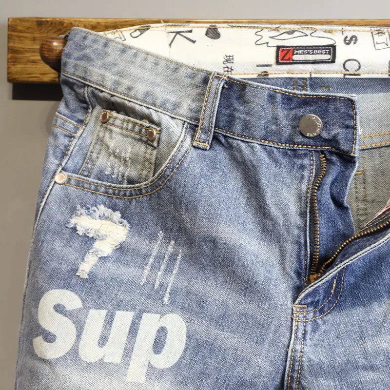 Summer Light Blue Ripped Cat Whisker Patch Letter Print Slim Denim Shorts Teenagers Jeans Boys and Girls Cowboy Short Pants