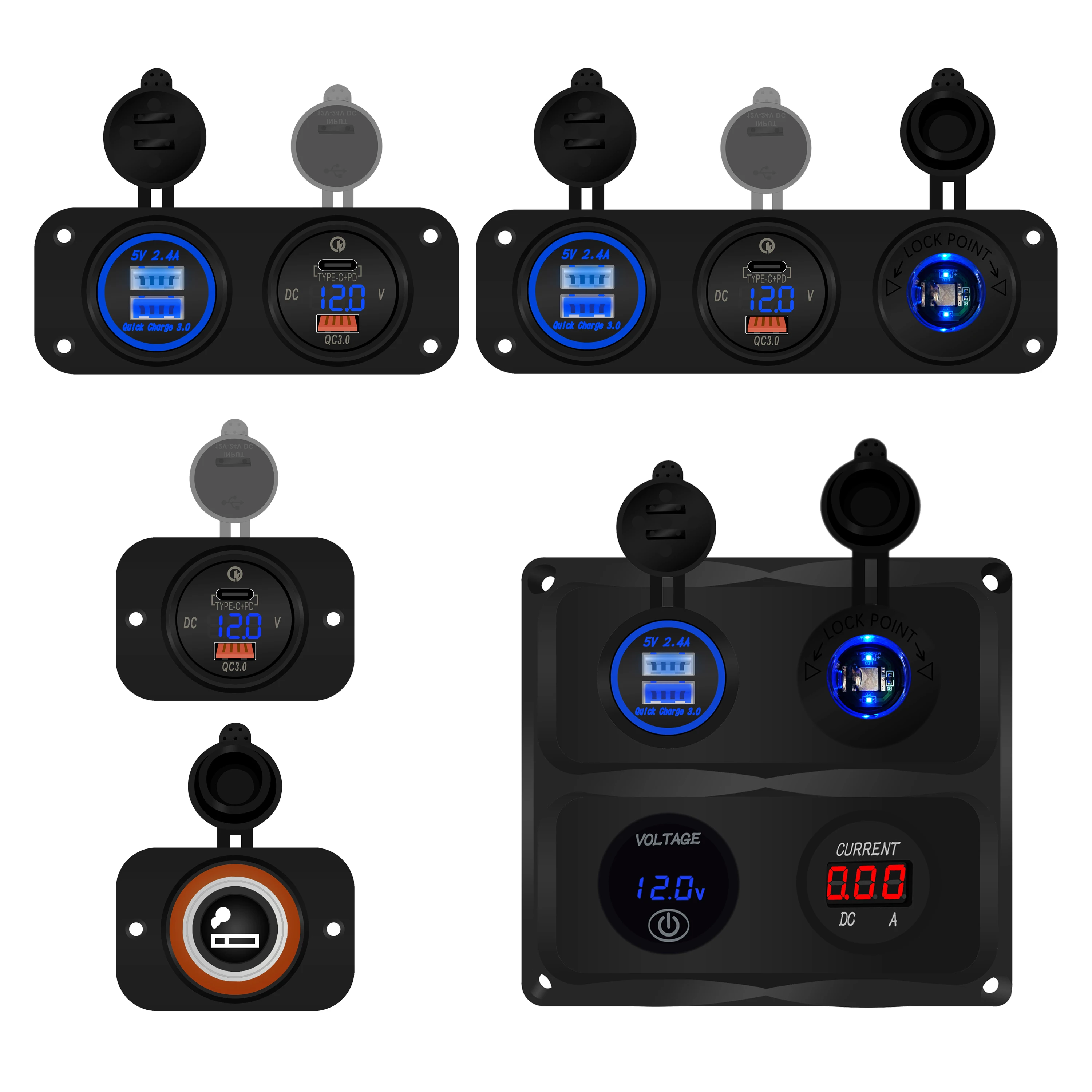 Двойное зарядное устройство USB Type C и QC 3,0, быстрое зарядное устройство 12 В, автомобильный прикуриватель, магнитный амперметр, 1 / 2 / 3 / 4 комплекта, панель адаптера розетки