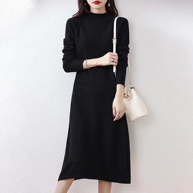 

Autumn and Winter Pure Wool Women's Knitted Medium and Long Sweater Warm Long Sleeve Slim Bottom Half High Collar