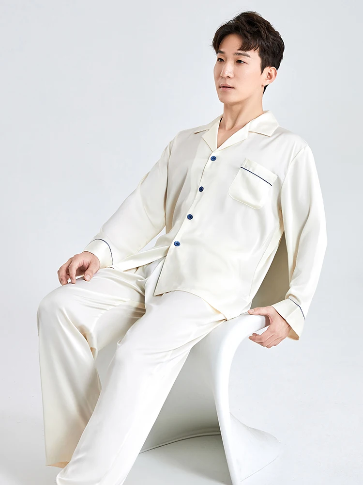 Silk Satin Pajamas Men Sleepwear Bedroom Home Clothes Man Long Button-Down Pyjamas Suit Ice-silk Pijama Loungewear