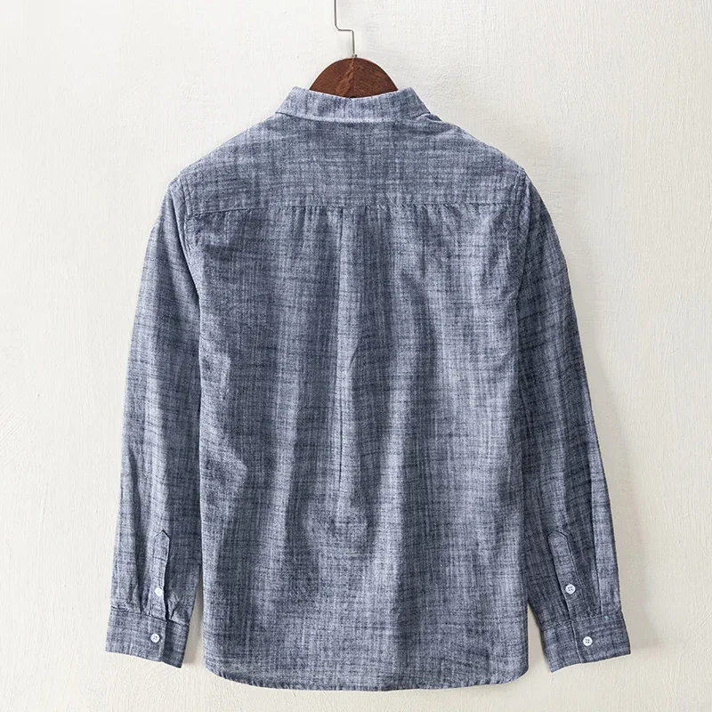 Long Sleeve Shirt Men Solid Color Turn-down Collar Tops 100%cotton Casual Vintage Clothing