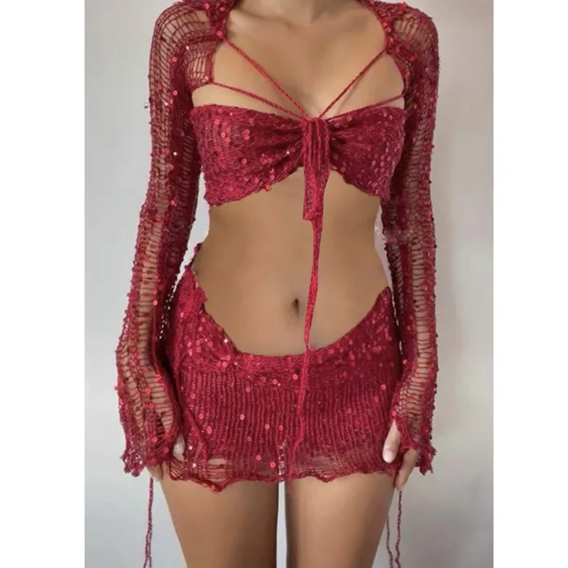 Christmas Party Sequins Hole Knitted 3 Piece Set Women Strapless Lace Up Crop Top Long Sleeve Cape Bodycon Mini Skirts Clubwear 100 piece christmas ball set 6 cm red