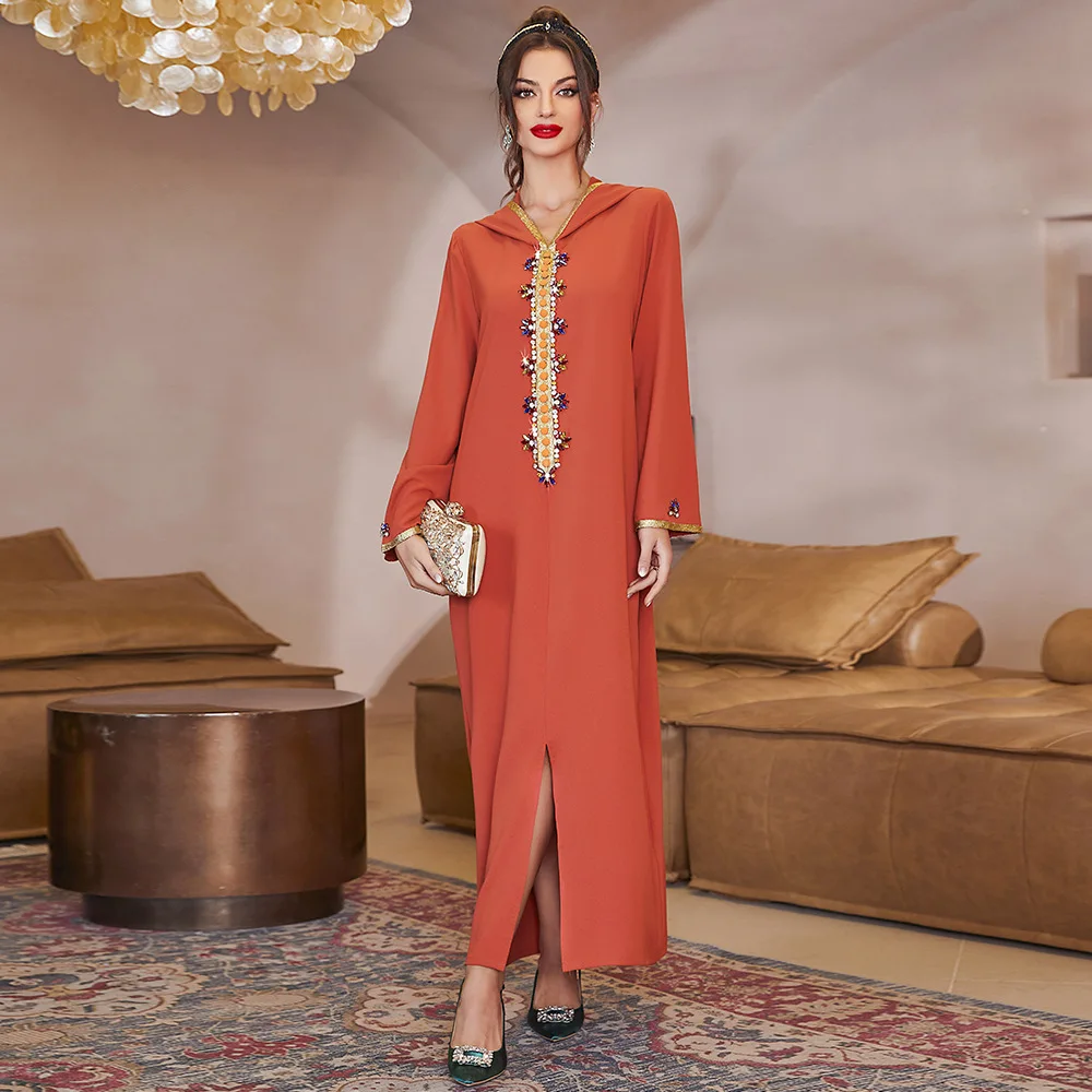 

Dubai Arabic Muslim Abaya Dress for Women Moroccan Diamonds Kaftan Hooded Robe Caftan Islamic Clothing Gulf Jalabiya Split Hem
