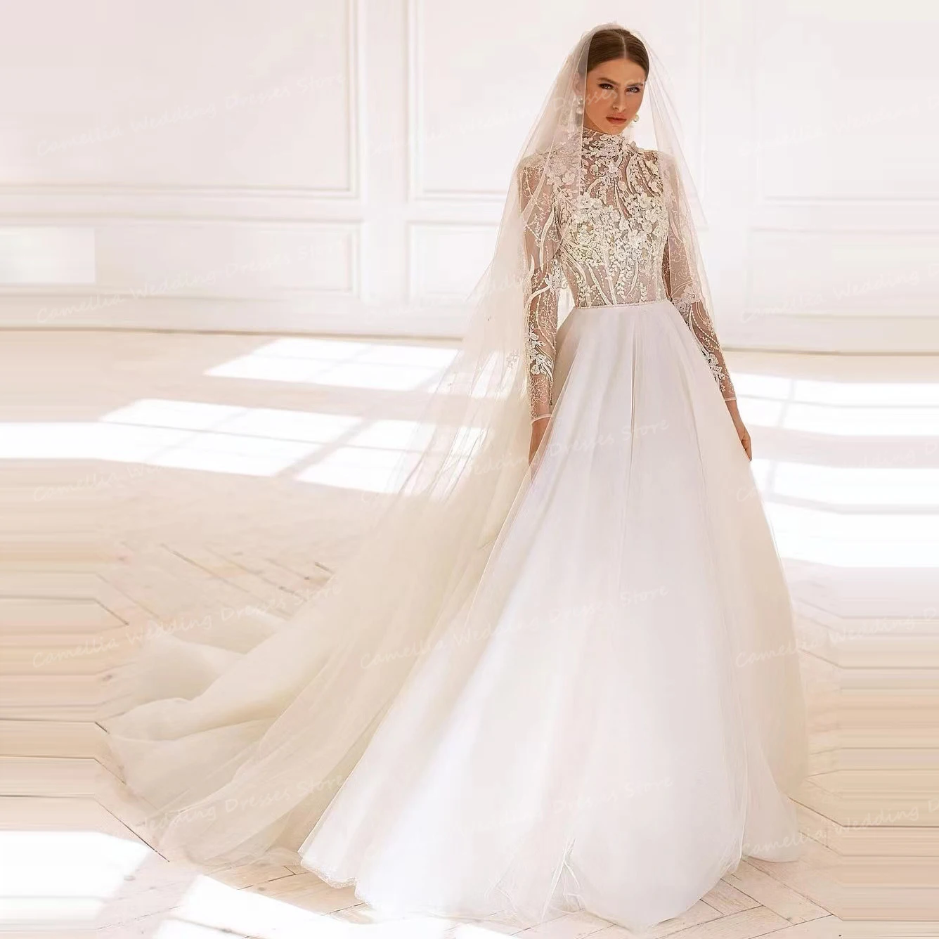 

2024 Elegant High Neck Wedding Dresses Sexy A Line Lace Appliques Bridal Gowns Women's Long Sleeve Sweep Train Vestidos De Novia