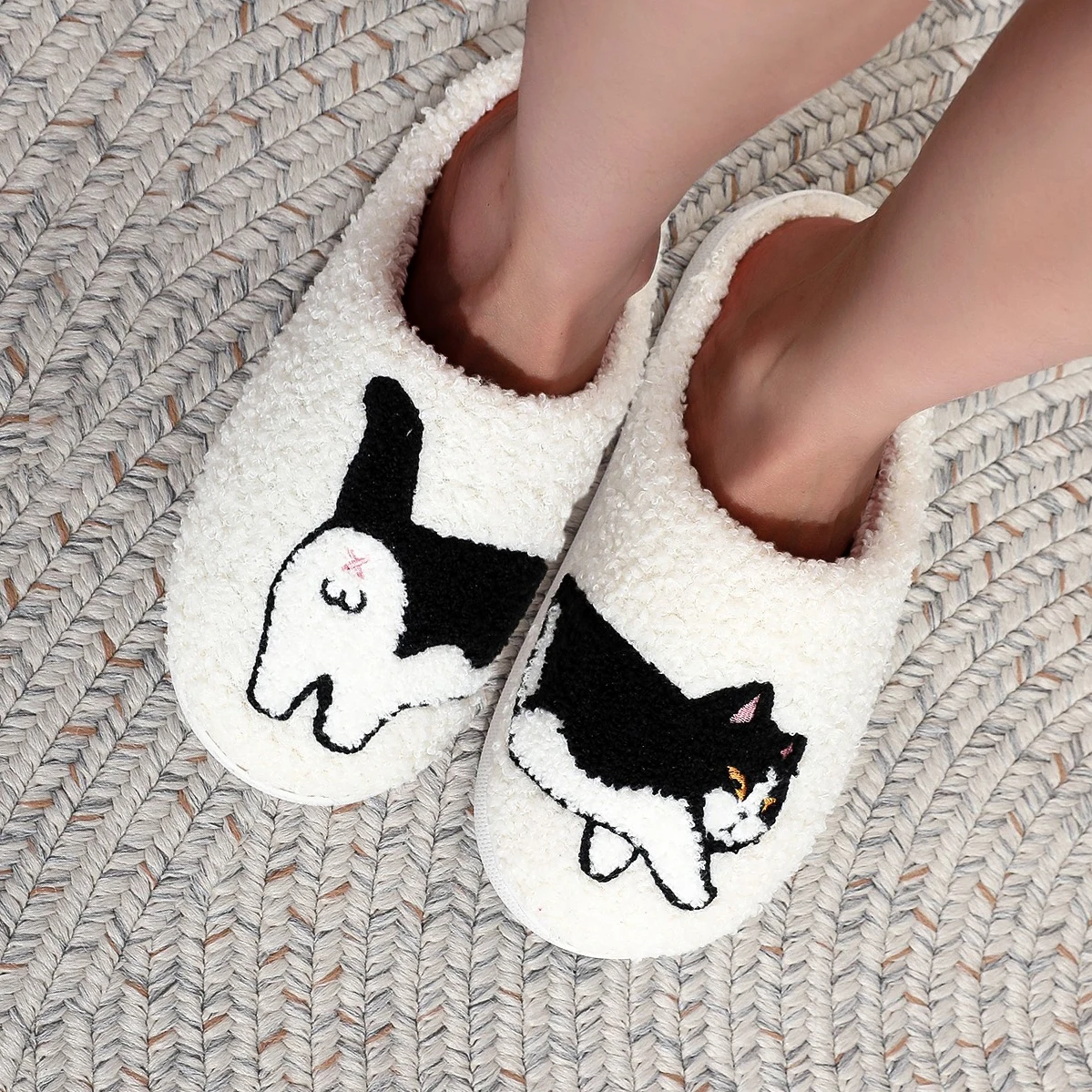 Cow Cat Pet Pattern Embroidery stuffed Home Platform Cozy Wool Cotton Slippers Cute Warm Non-slip Indoor Slippers Pet Mom Gift Catman Men Women Can Wear 5