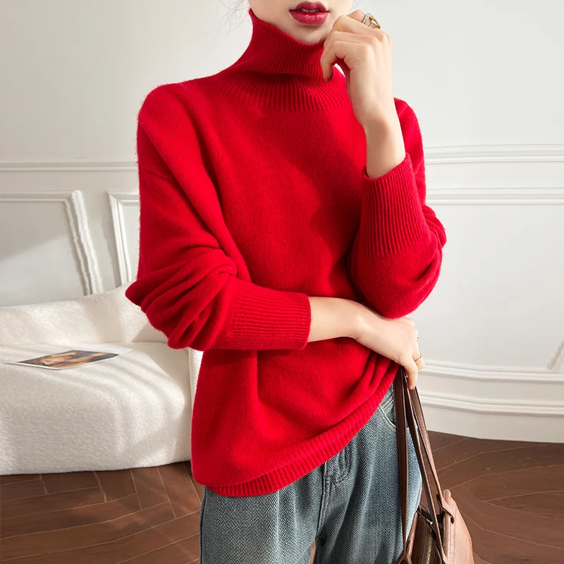 

New Autumn/Winter 100% Wool Sweater Casual Solid Color Knitwear Thickened Turtleneck Women's Pullover Loose Tops Basic Blouse