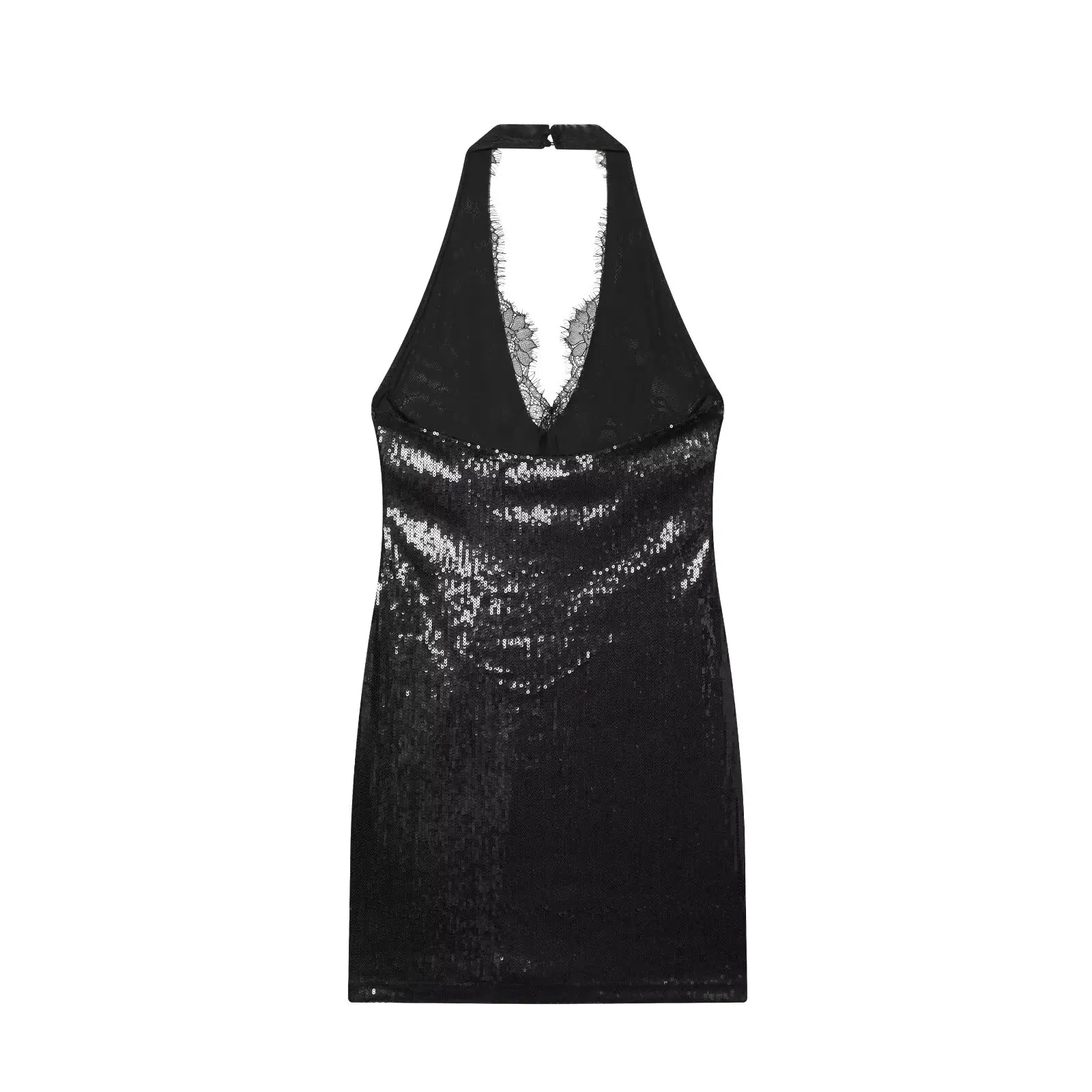 Elegant Shinny Sequins Mini Bodycon Dress For Women Sleeveless Backless Lace Spliced Halter Dress High Waist Package Hip Vestido