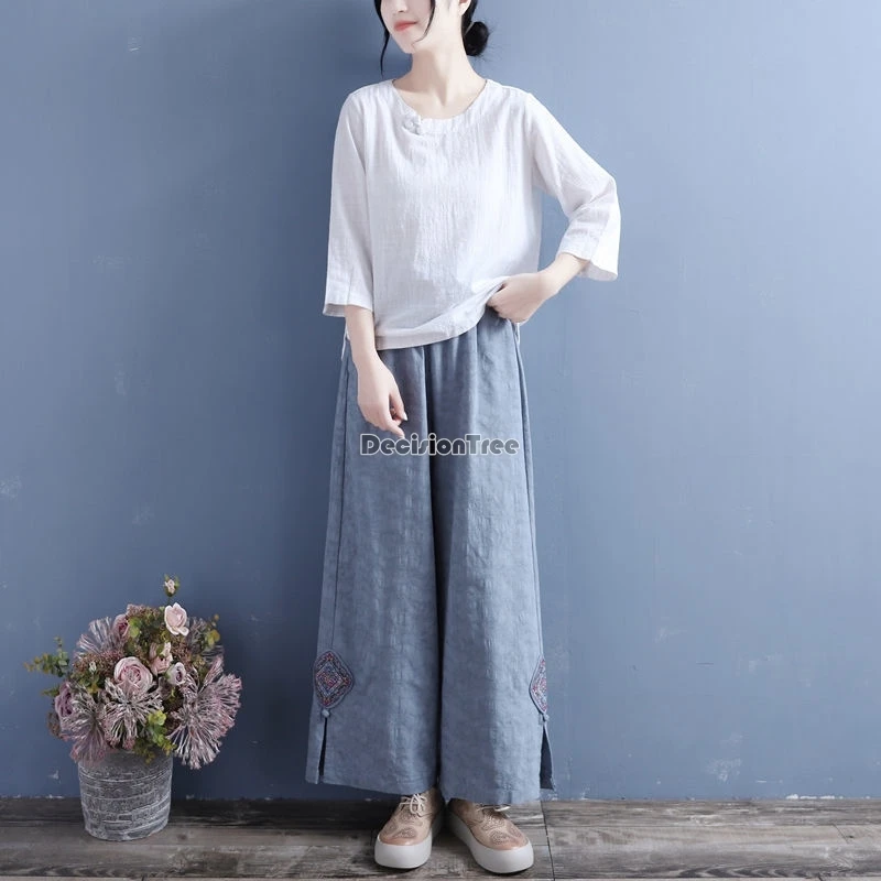 Retro Chinese Style Pants National Solid Color Jacquard Daily Trousers Elastic Waist Wide Leg Cotton Pants