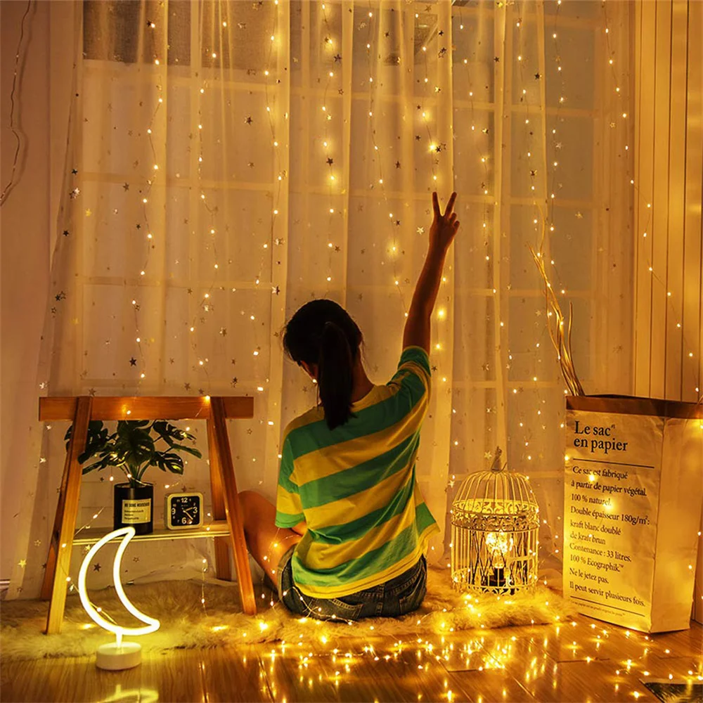 銅線のガーランド3m,LEDライトカーテン,窓,結婚式,家,部屋のリモコン AliExpress