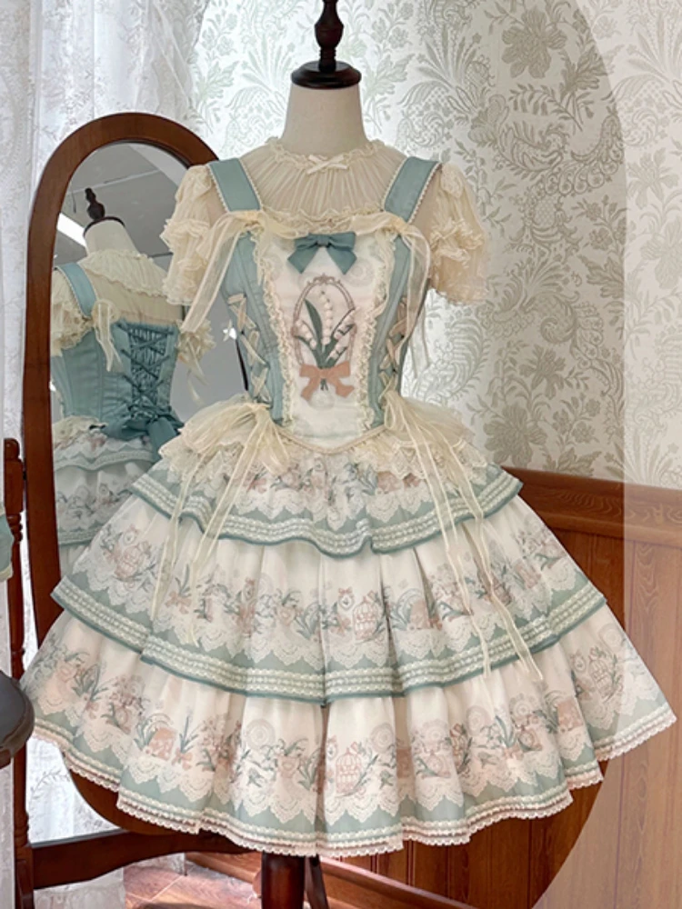 Lily of the Valley Girl Sweet Printed Lolita Corset Top & Midi Tiered Skirt Set