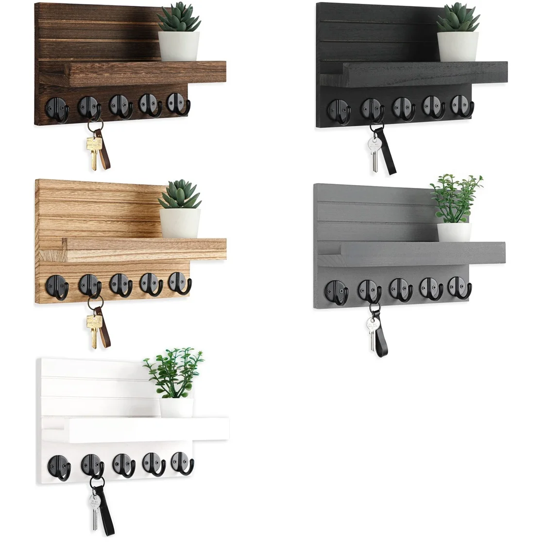Key and Mail Holder Home Decor Wood Wall Organizer with 5 Hooks and Shelf for Bags Dog Leash Wall Decor for Living Room Entryway 6