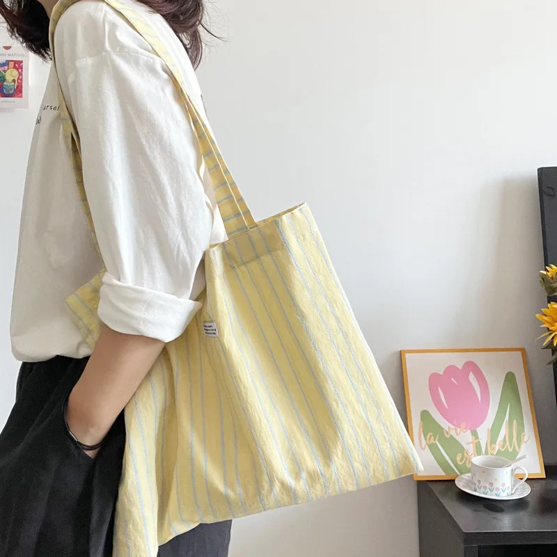

Cream Color Stripes Handbag Eco Reusable Capacity Foldable Shopping Thin Cloth Bag Women Outdoor Travel Tote Chinese Style Girl