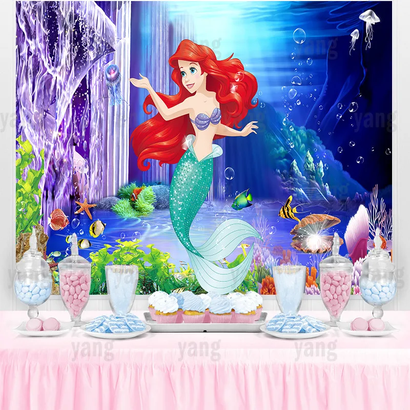 Disney-telón de fondo de La Sirenita Ariel para fiesta de cumpleaños de  niñas, pancarta blanca como la nieve, Castillo de boda, burbuja submarina -  AliExpress