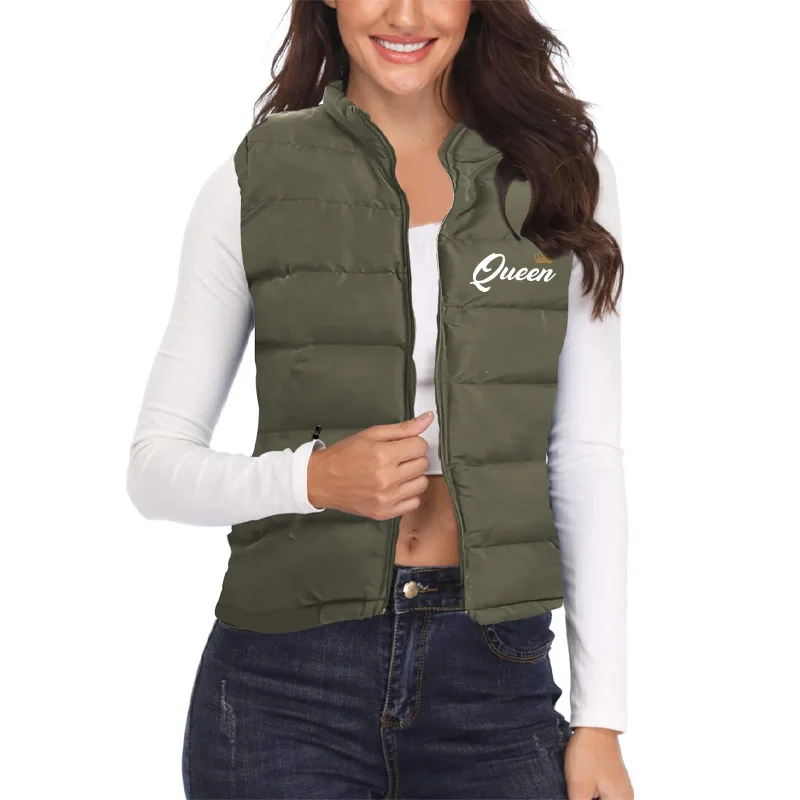 Tuveke Autumn and Winter Latest KING QUEEN Print Couple Sleeveless Couple Zipper Down Jacket Vest Solid Color Inflatable Vest